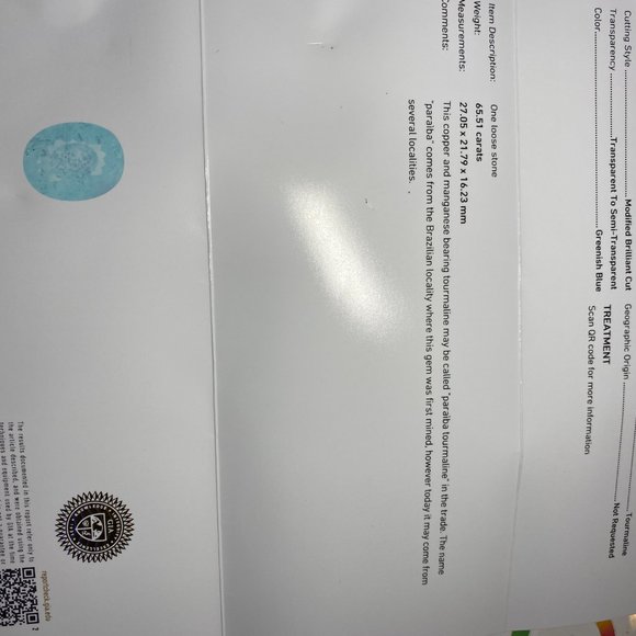 GIA Certified Paraiba Tourmaline 65.51ct - Picture 7 of 7